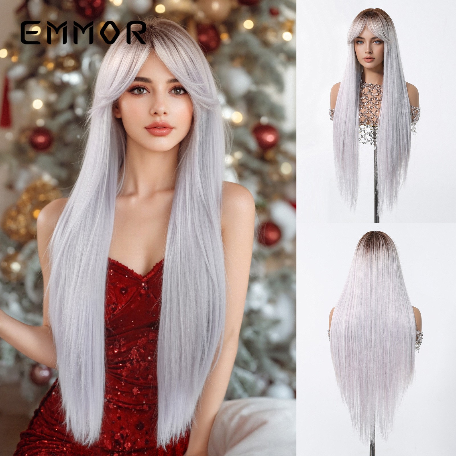 European Style 8 Shape Part Ombre Pink Long Straight Wig High Crown Natural