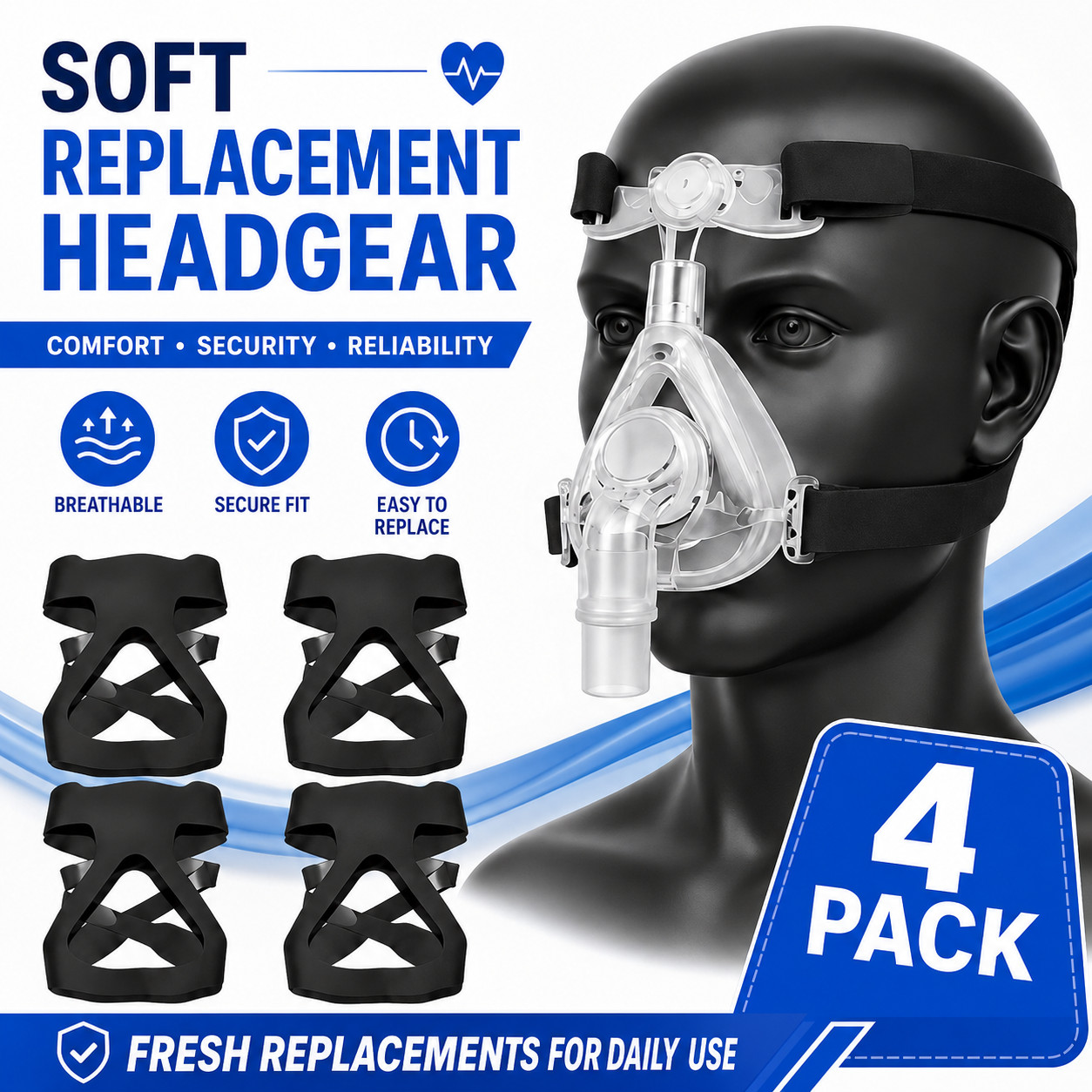 4 Pack CPAP Mask Headgear Replacement Strap Soft Elastic Universal Fit Kit