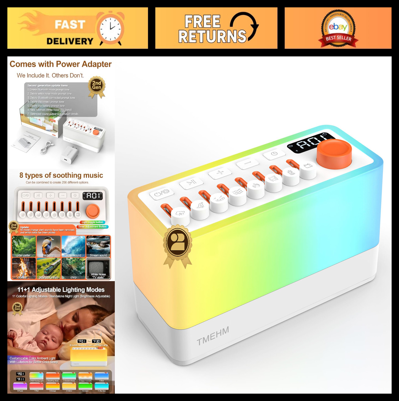 3-in-1 Sleep Sound Machine, Bluetooth Speaker, 8 Nature Sounds, Night Light & Wh