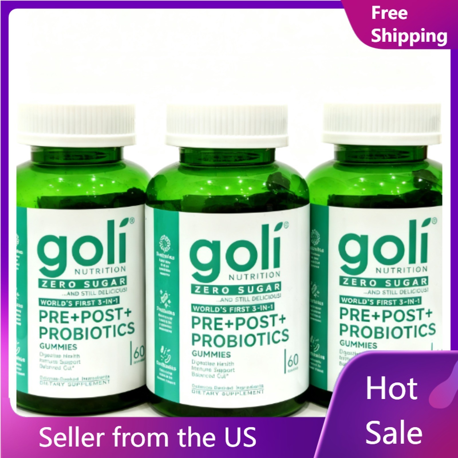 NEW Goli Zero Sugar 3-in-1 PRE+POST+PROBINTICS Gummies – 60Count
