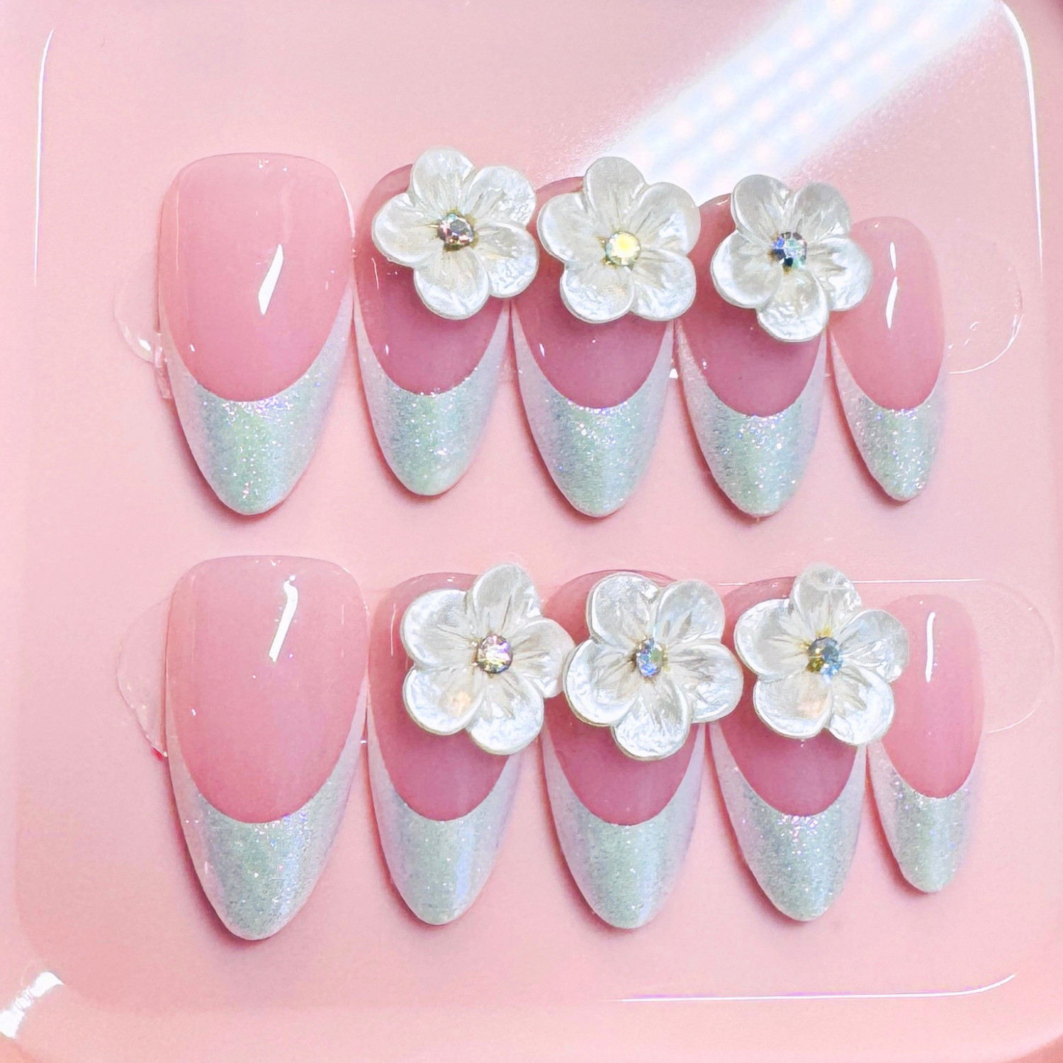 Press On Nails Handmade, Medium Almond, Size Large, French Tip Large Flowers