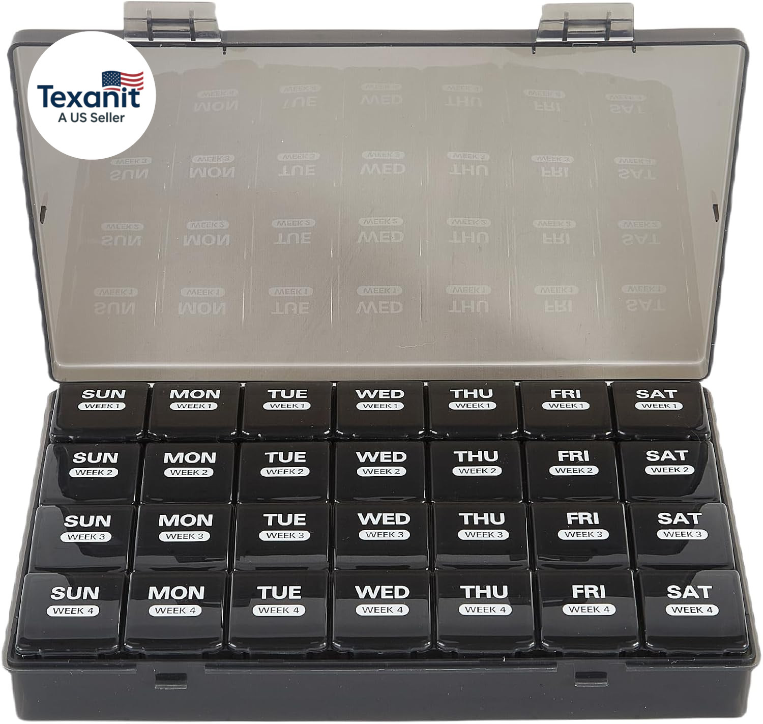 Monthly Pill Organizer 28 Day Large Pill Box 4 Times Daily Travel Black