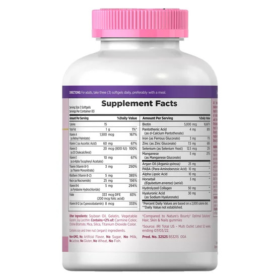 Nature’s Bounty HAIR SKIN NAILS 250 Softgels Multivitamin 5000 mcg Biotin