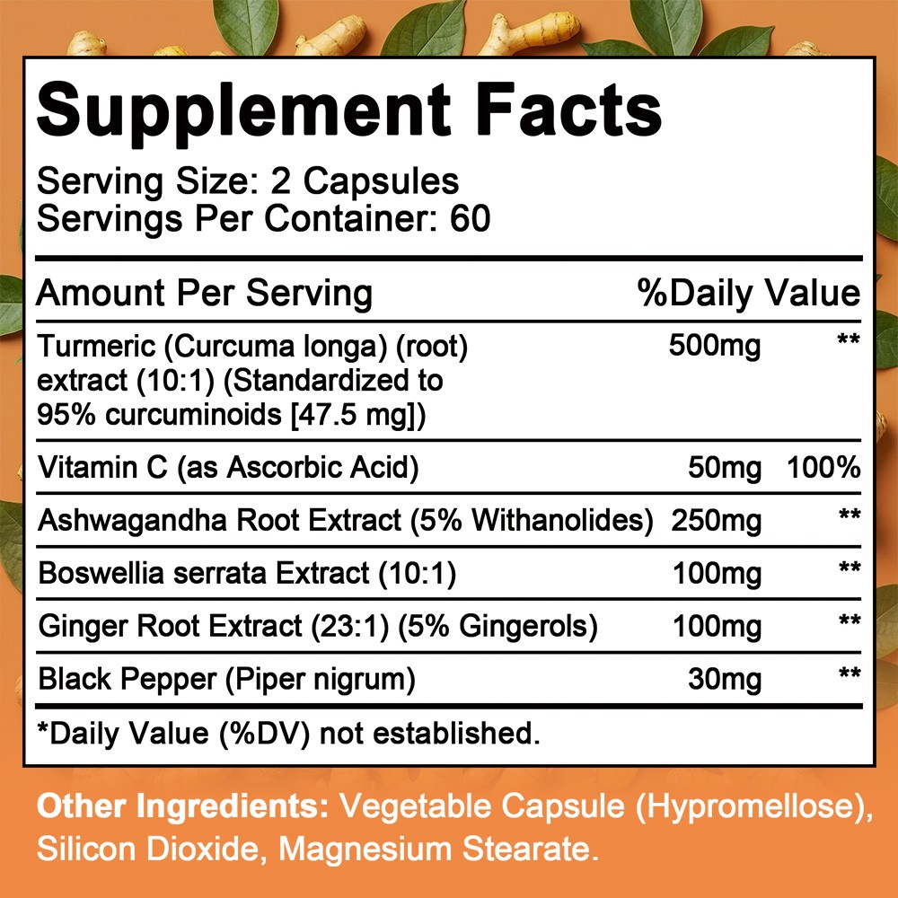 High Absorption Turmeric Capsules with Ginger, Daily Supplement 30/60/120 Caps