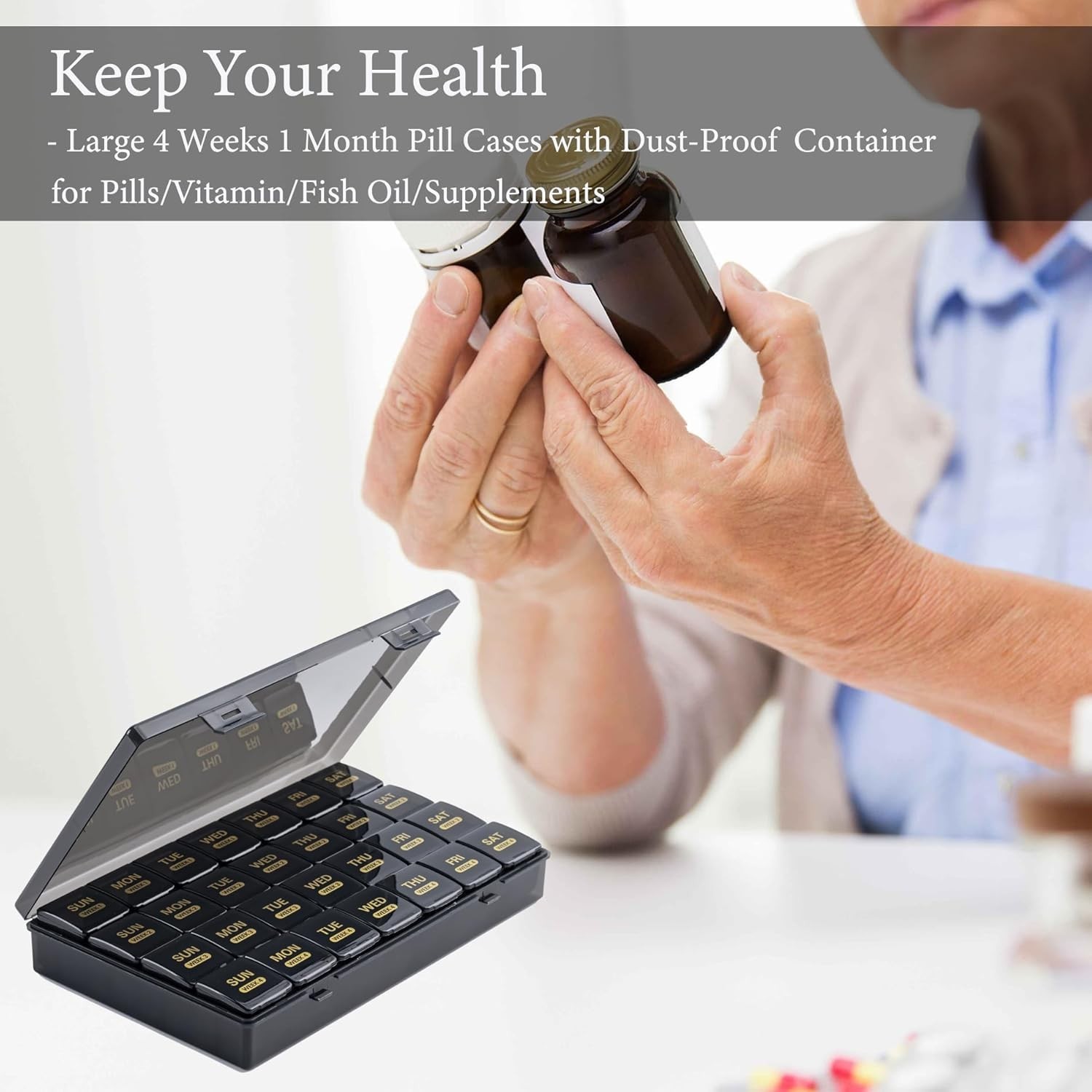 Large Monthly Pill Organizer 28 Days Portable One Month Pill Box Weekly Case