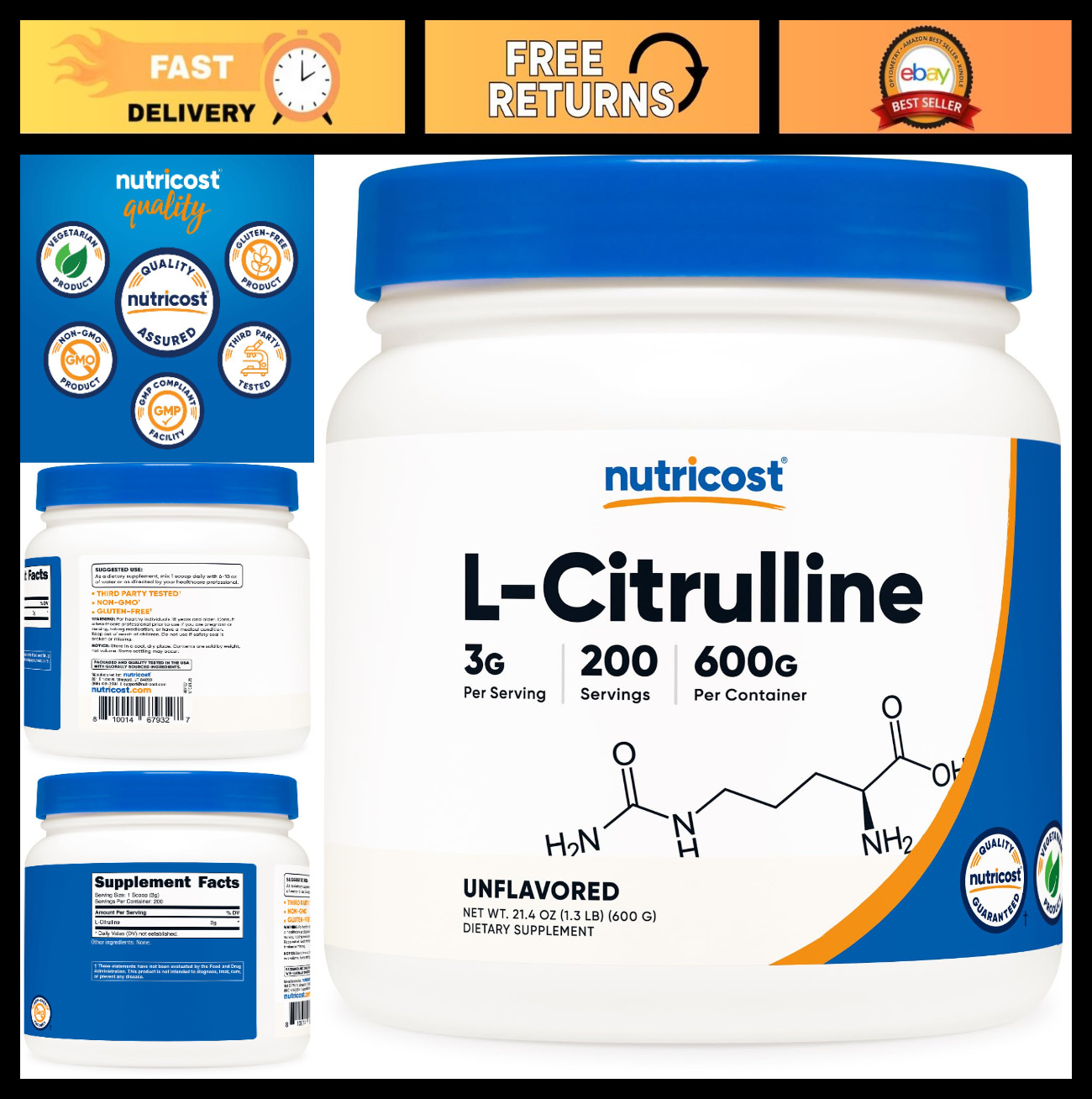 Pure L-Citrulline Powder 600g – Boost Energy, Enhance Performance, Muscle Suppor