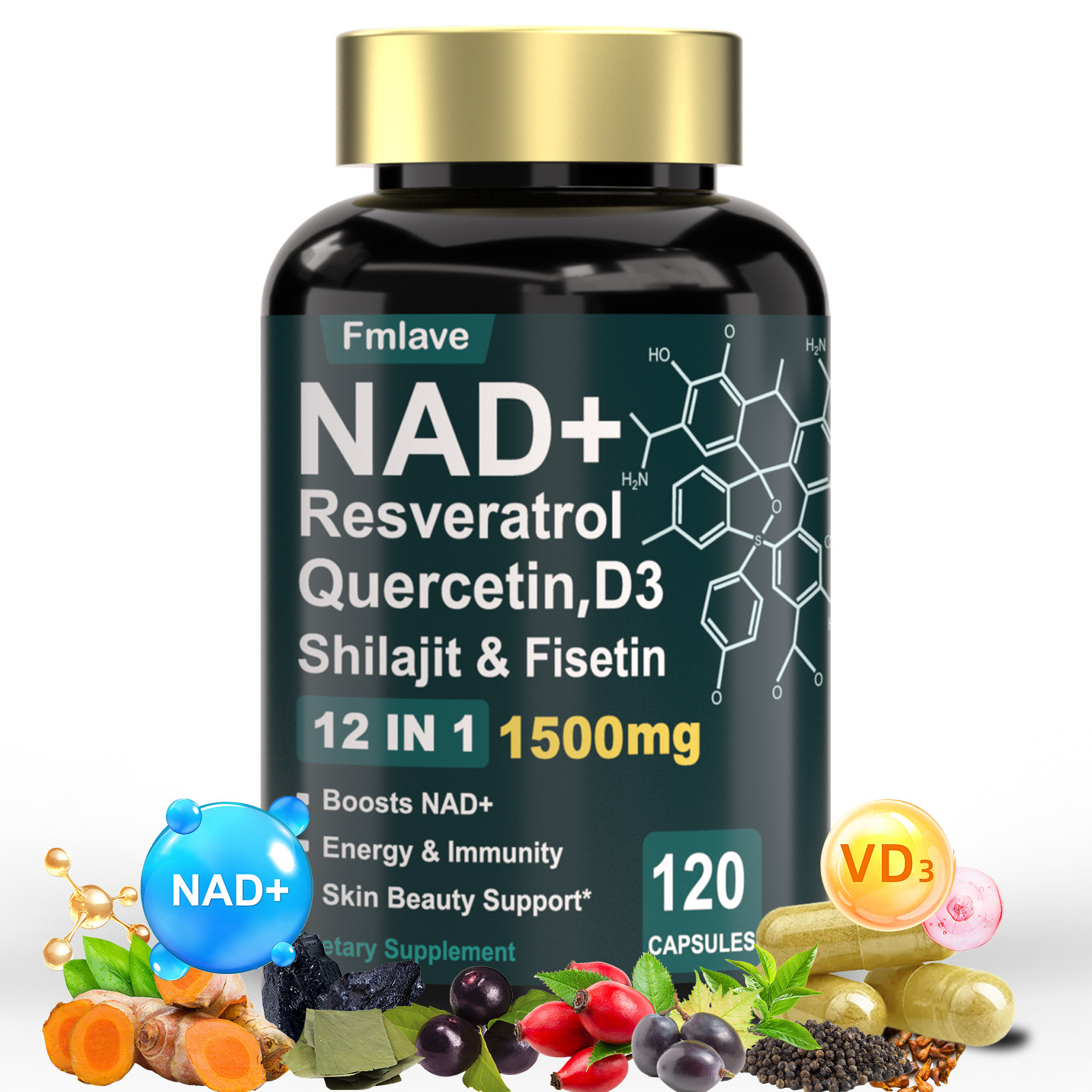 NAD supplement, 1500mg resveratrol containing supplement, 120 capsules USA Ship