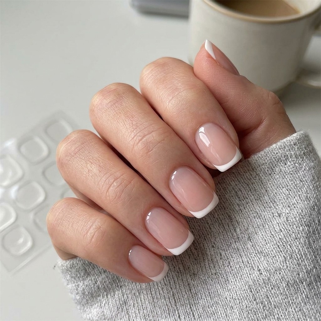 24Pcs Short French Tip Press On Nails Pink White False Nail Kit