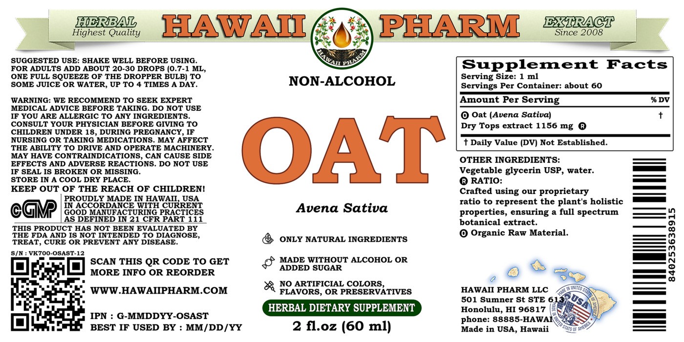 Oat Liquid Extract. Certified Organic Oat (Avena Sativa) Dry Tops Tincture
