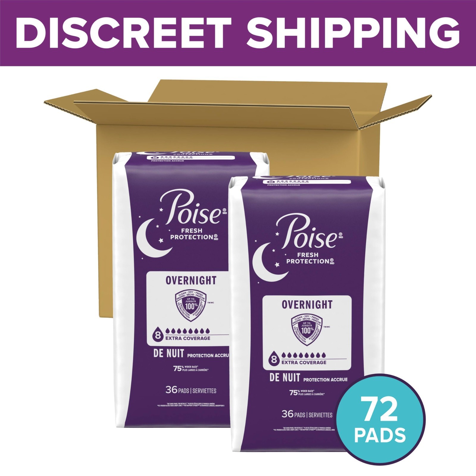 Overnight Incontinence & Postpartum Pads, Extra Coverage, 72 Count, Bladder Leak