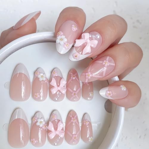 Coquette Bow Press-On Nails, 24pcs Blush Pink French Tip Almond Ballet Blush