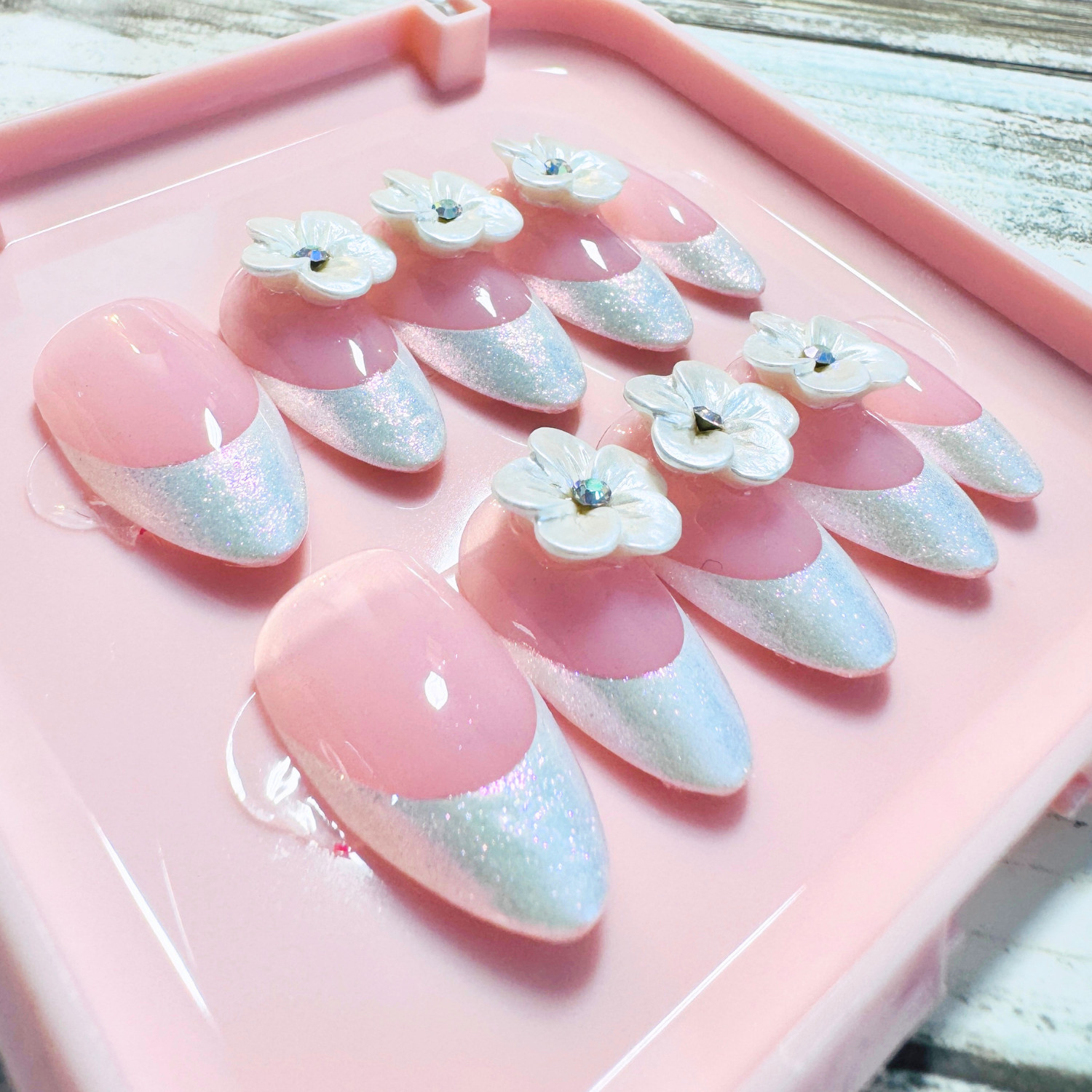 Press On Nails Handmade, Medium Almond, Size Large, French Tip Large Flowers