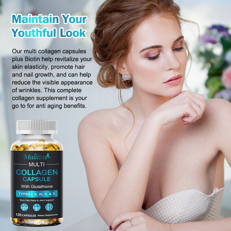 Multi Collagen Peptides Types I, Ii, Iii, V, X Pills Anti-Aging Skin Capsules