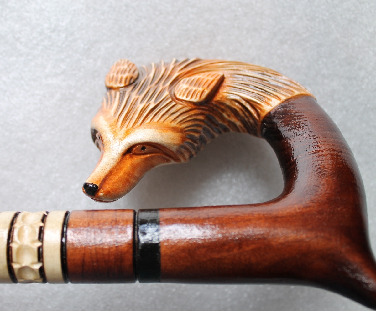 FOX Gorgeous Hand Carved Wooden Folk Art Linden 36″ WALKING STICK Cane Ukraine