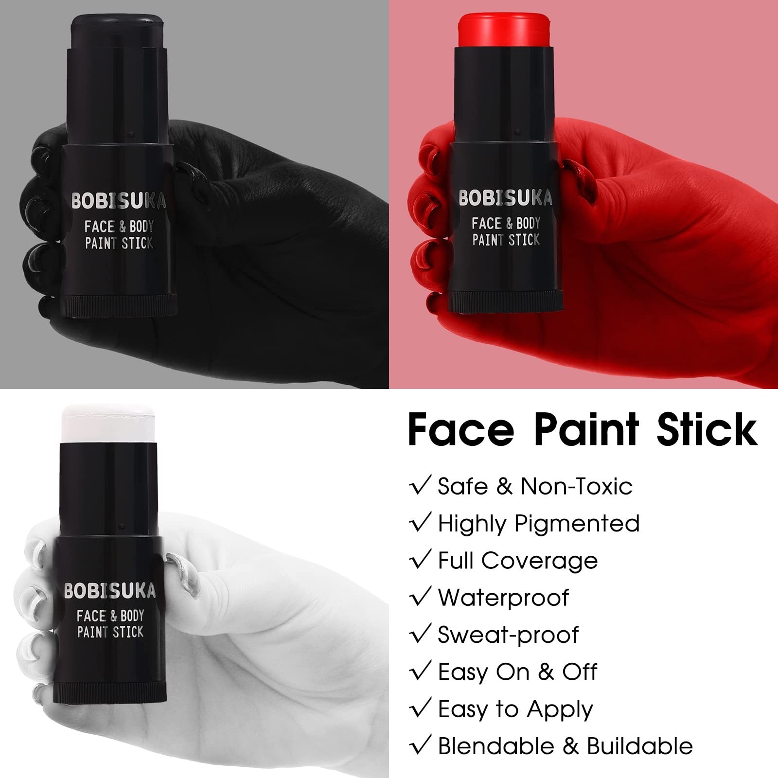 Black White Red Face Paint Stick Set with Setting Powder – Clown Makeup, Hallowe