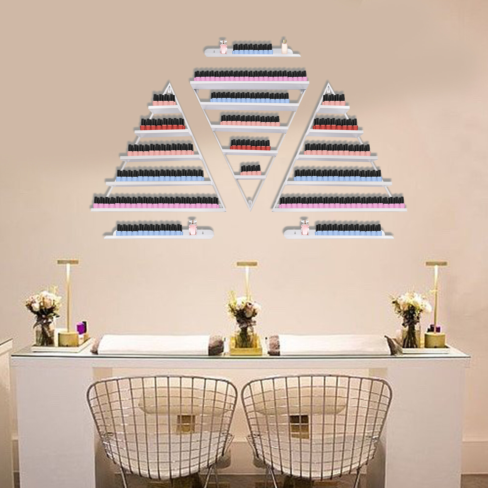 5 Tier Wall-Mounted Metal Nail Polish Display Rack Triangular Floating Shelves