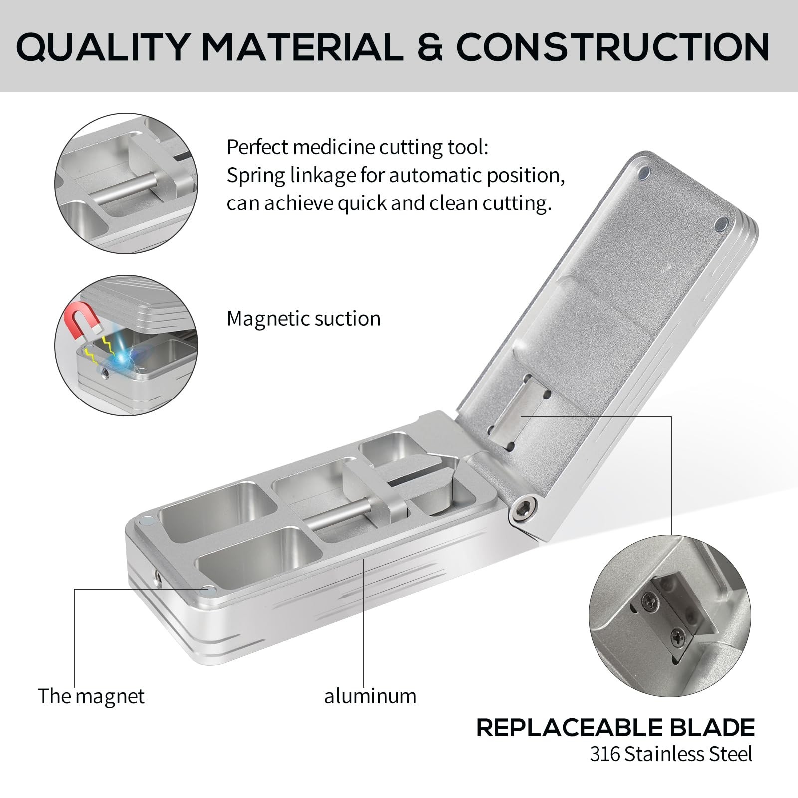 Pill Cutter for Small Pills, Aluminum Splitter with Auto Centering & 2 Blades