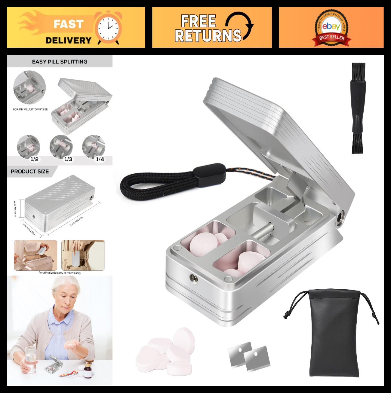 Pill Cutter for Small Pills, Aluminum Splitter with Auto Centering & 2 Blades