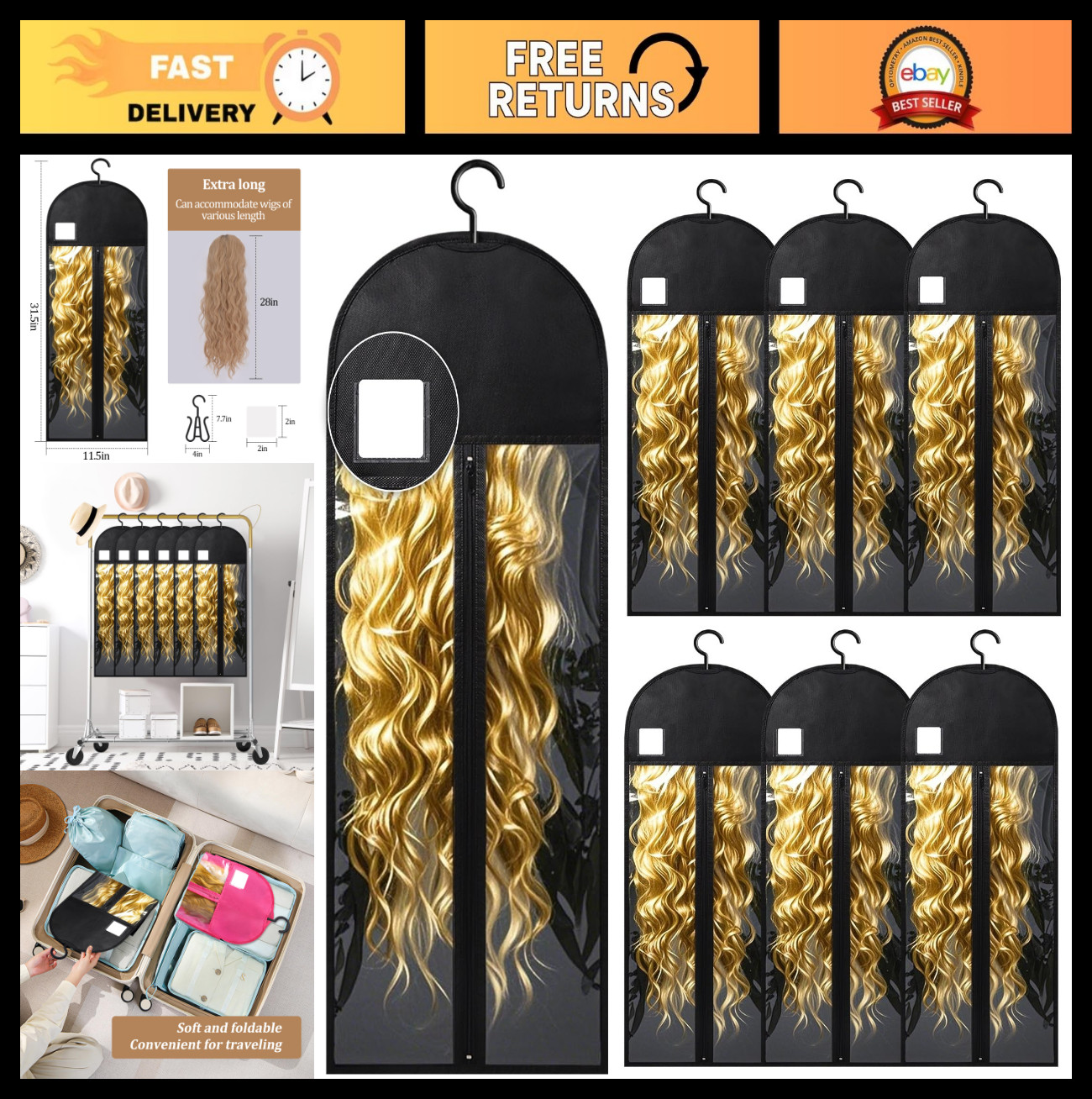 6Pcs Extra Long Wig Storage Bags with Hanger – Dust-Proof Organizer for Wigs & H