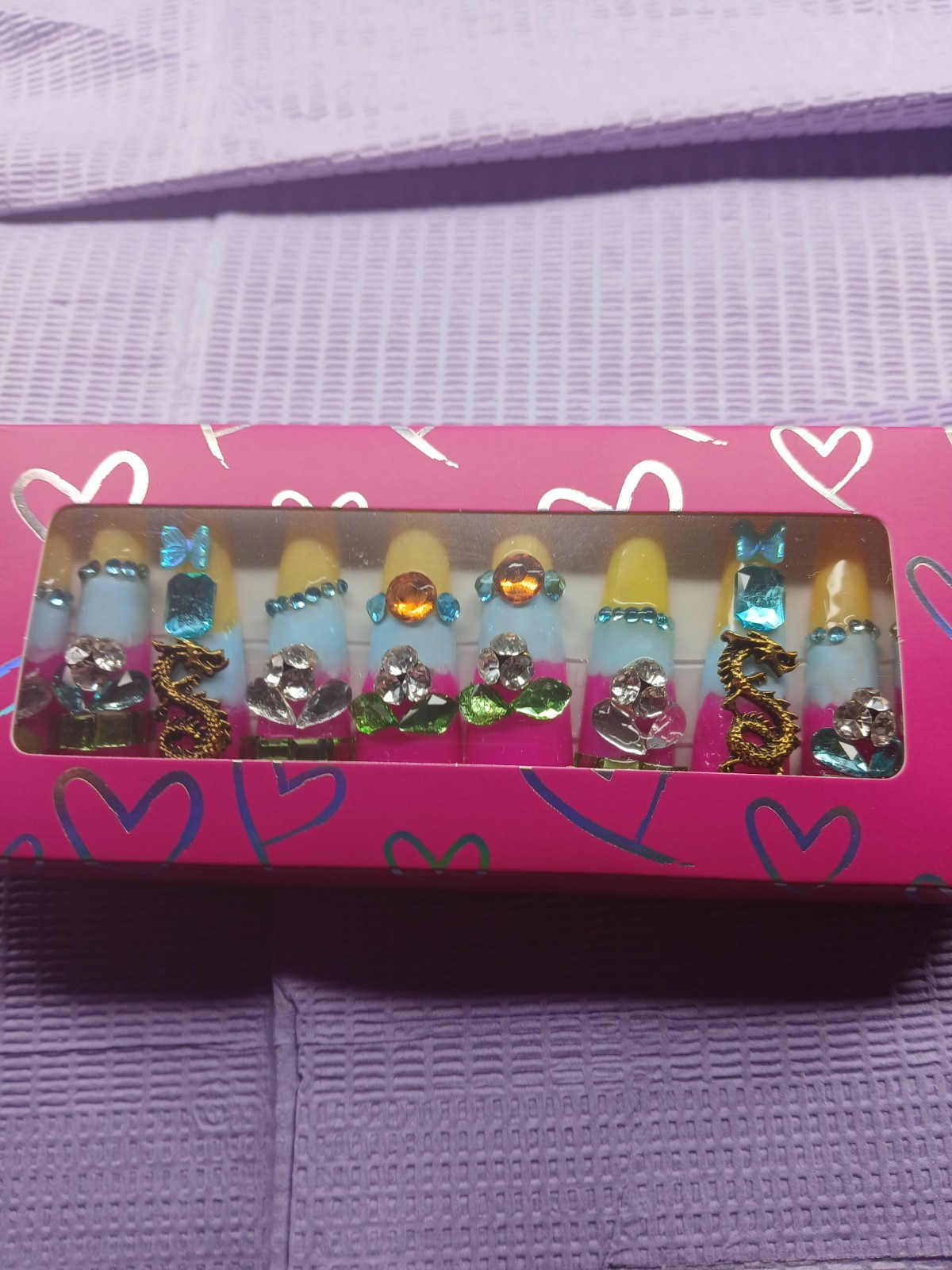 Handmade Long Stiletto Summer Press On Nails With Rhinestones. Large Size