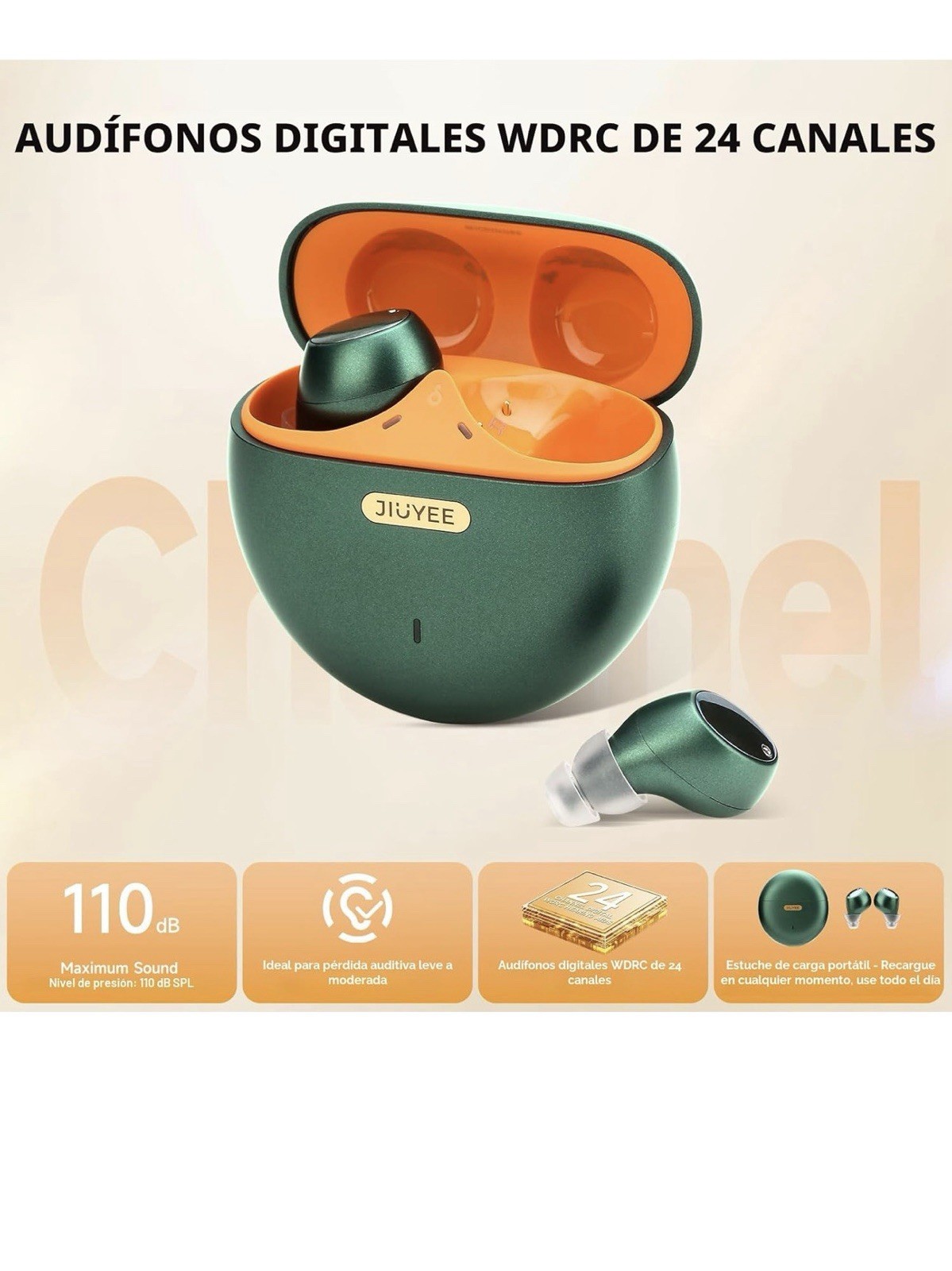 JIUYEE Digital ITE Hearing Aids Bluetooth Rechargeable w/ Case Eartips Green