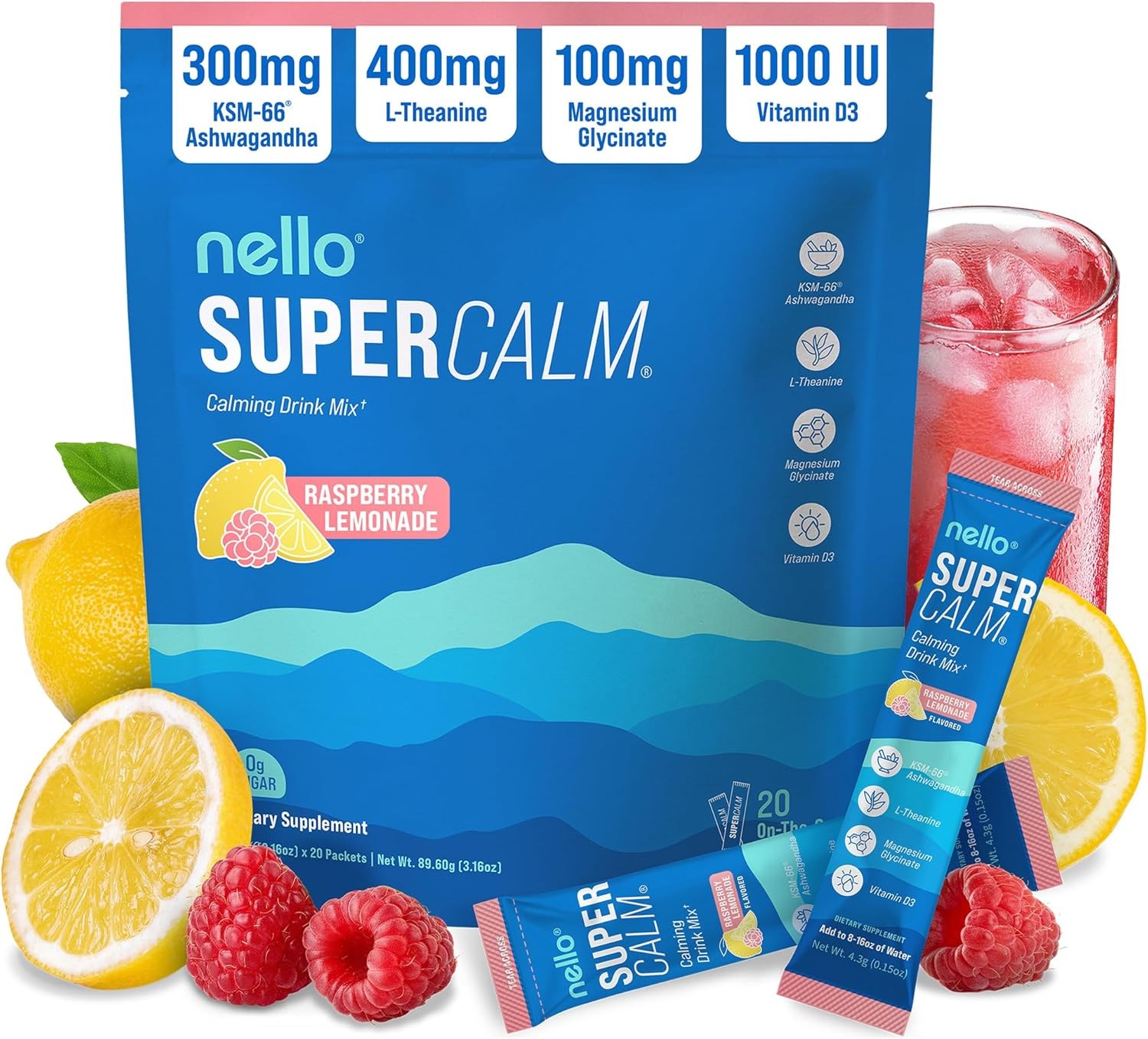 Nello Supercalm Powdered Drink Mix, Cortisol Reducer and Sleep Aid Supplement