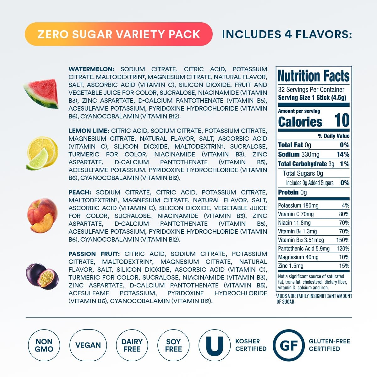 DripDrop Sugar Free Hydration Packets – Zero Classic Variety Pack – 32 Count