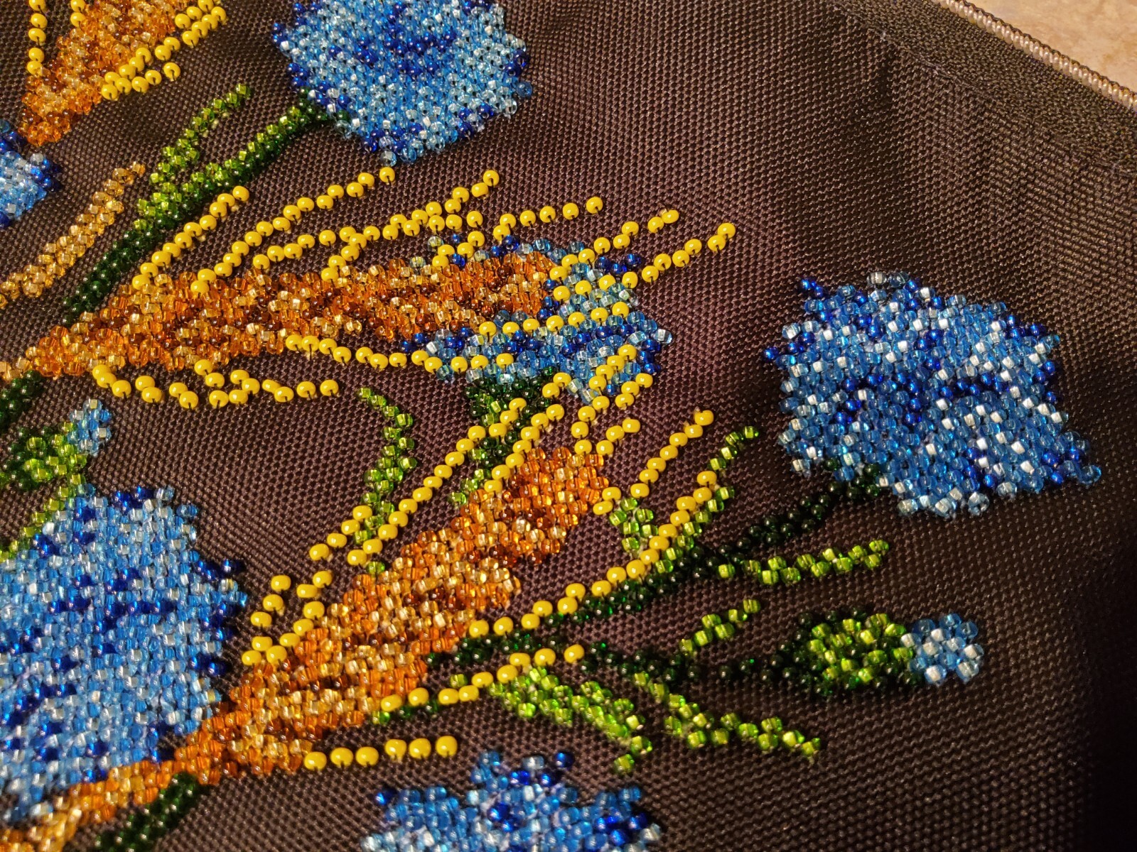 Cosmetic bag embroidered with beads, floral design Ukraine