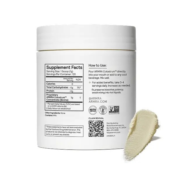 2-pieces ARMRA Colostrum Unflavored Jar Grass-Fed Immune Fitness Brain Benefits