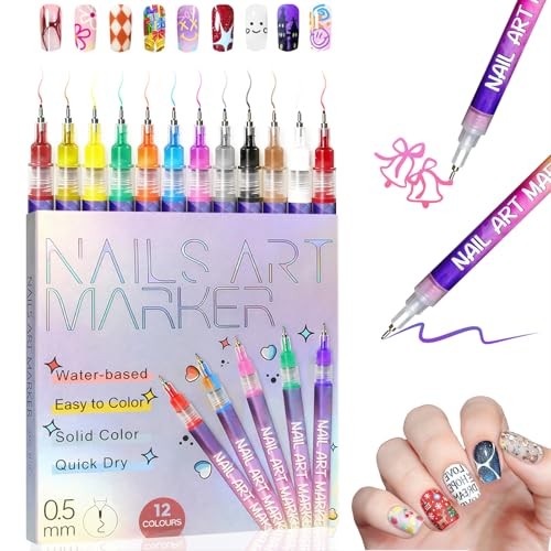 12 Colors Nail Art Pens Set with 0.5mm Fine Tip, Waterproof & 12 Colors-0.5mm