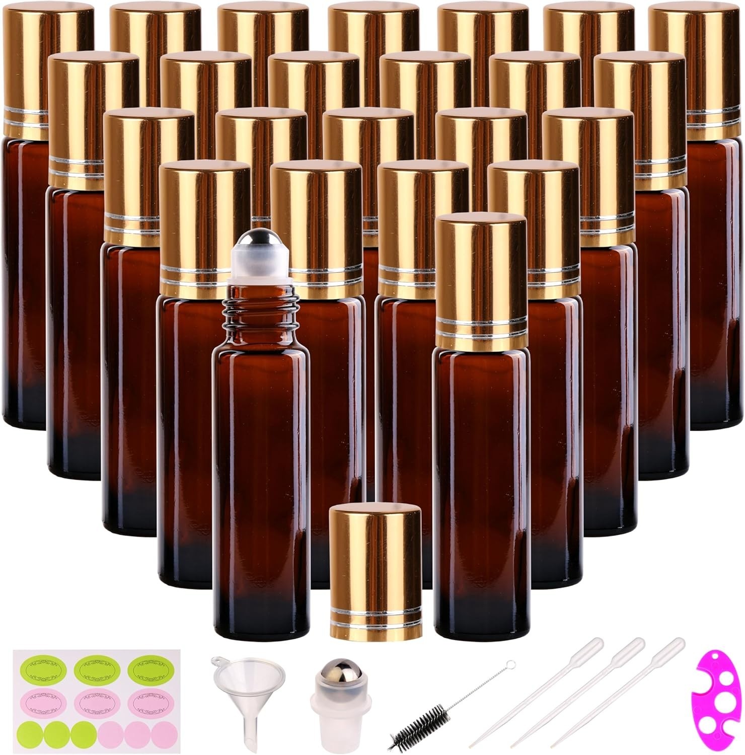 24 Pack 10ml Amber Glass Roller Bottles – Perfect for Essential Oils & Travel