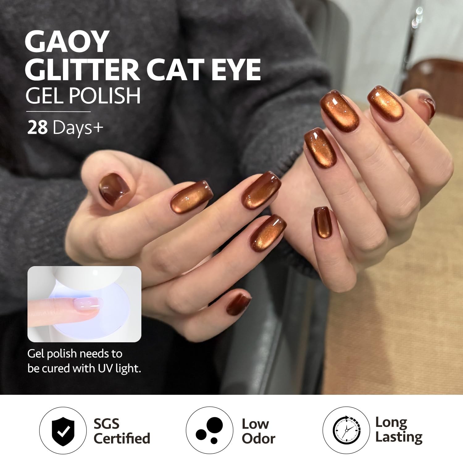 GAOY Glitter Cat Eye Gel Nail Polish Set with Magnet, 6 Colors Brown Green Purpl