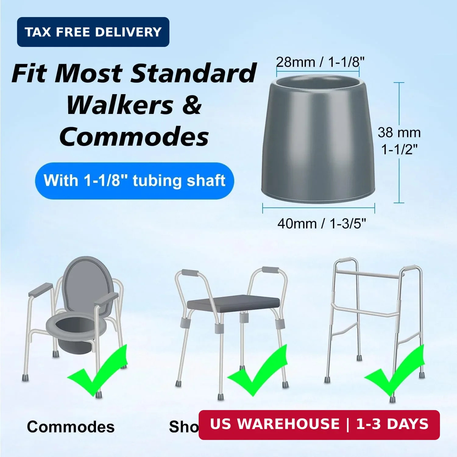 Pack of 4 Walker Tips 1 1/8in Rubber Non-Slip Replacement Feet w/ Metal Washer