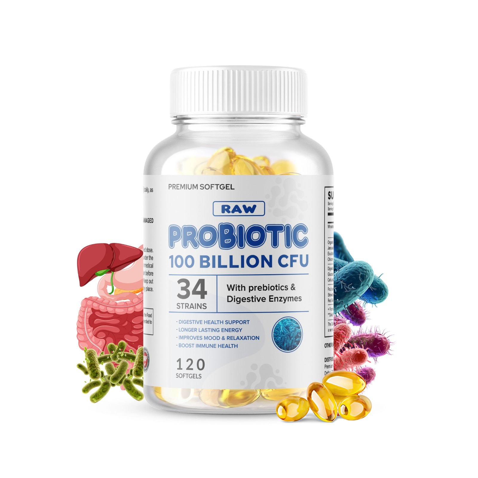 Raw Probiotics 100 Billion CFU Potency Digestive Immune Health 120 Capsules USA