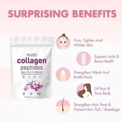 Multi Collagen Peptides Powder–Hydrolyzed Protein with Type I, II, III, V, X 1LB