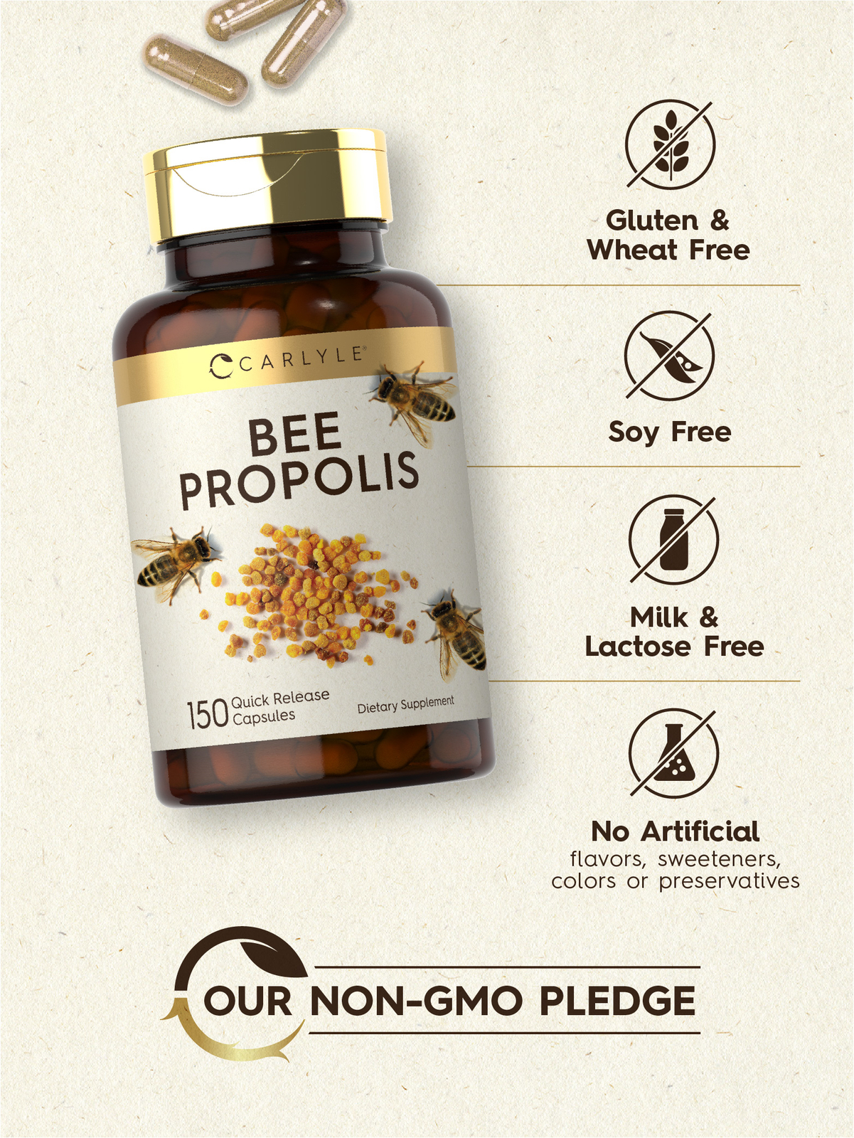 Bee Propolis Capsules 600mg | 150 Count | Non-GMO, Gluten Free | by Carlyle
