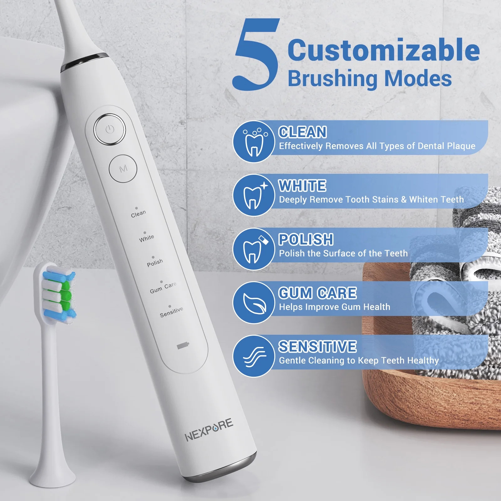 Electric Toothbrush 48000VPM 5 Modes 60 Days Battery Wireless Charging 4 Heads