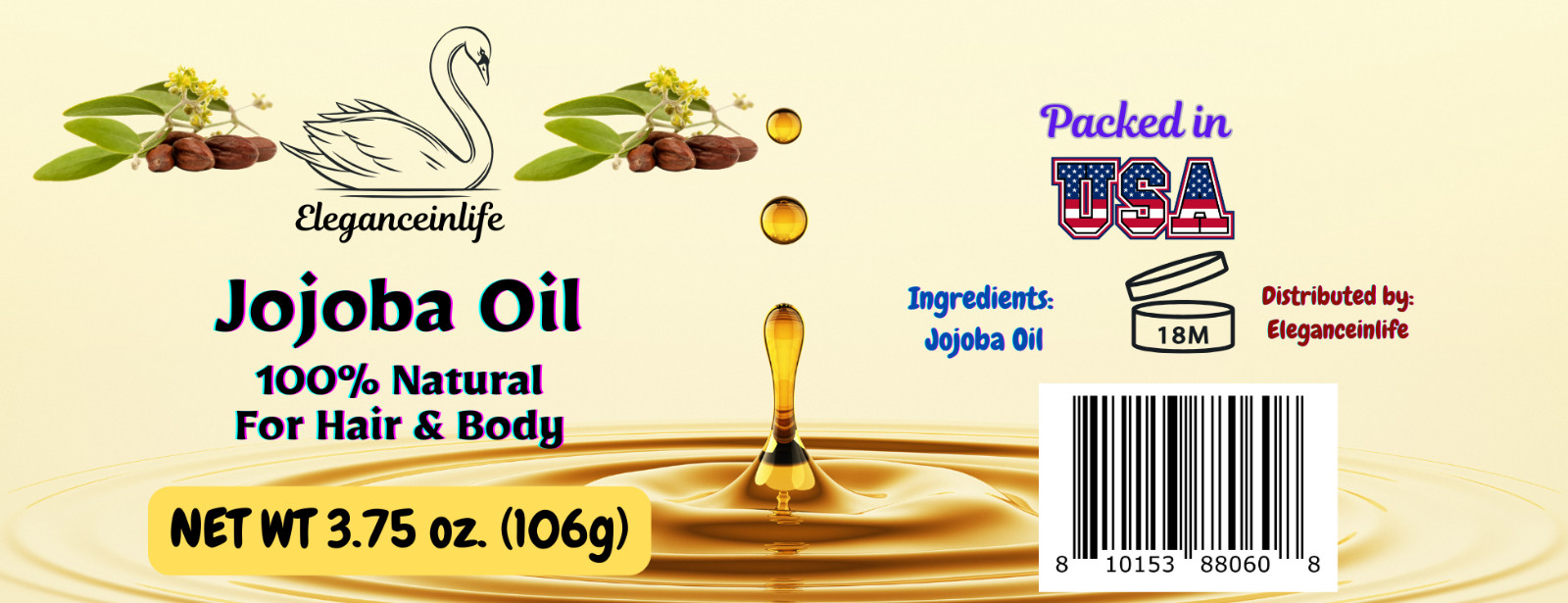 Eleganceinlife Jojoba Oil 100% Natural For Hair & Body 3.75oz (106g)