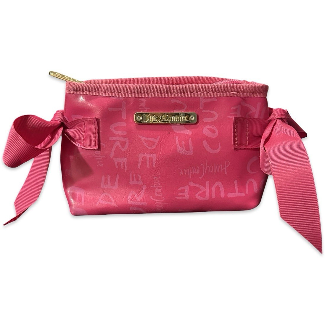 Juicy Couture Hot Pink Makeup Bag Cosmetic Pouch Bows Gold Plaque Monogram Print