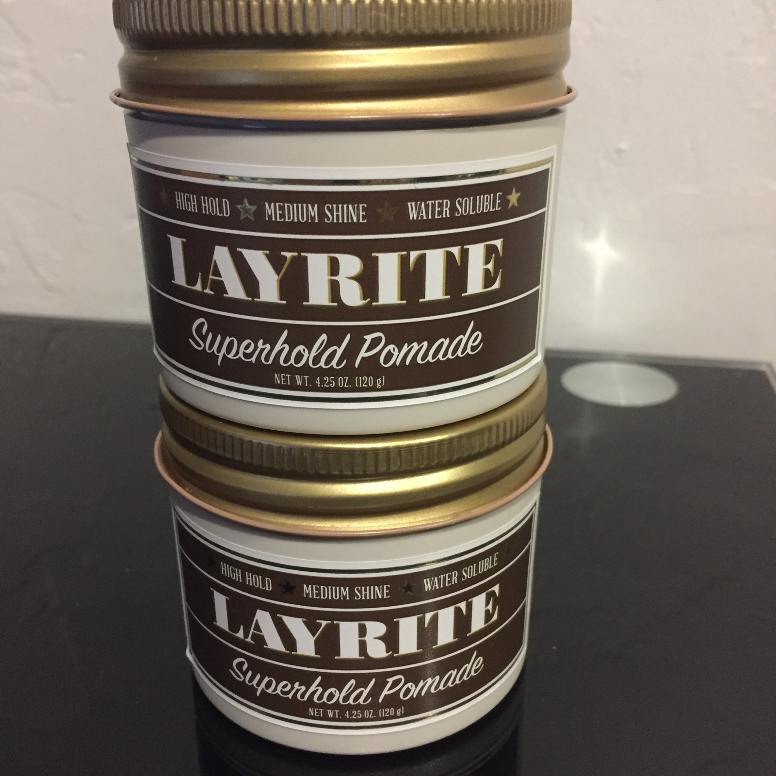 Two(2) new 4.25 oz can jars of Layrite Super Hold Pomade (brown color)