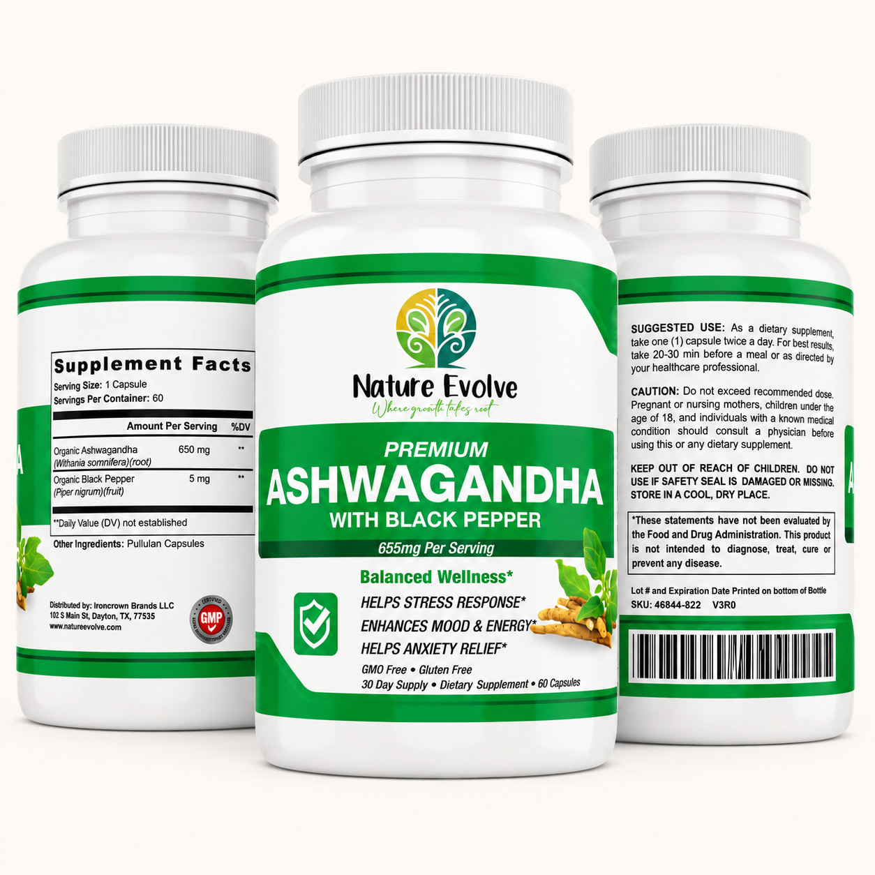 Nature Evolve Organic Ashwaganda 650mg with Organic Black Pepper extract