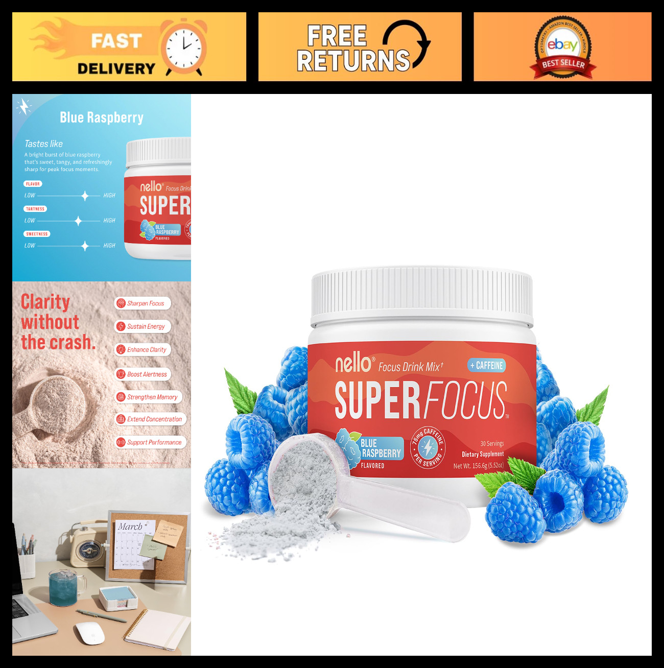 Nootropic Focus Drink Mix – Sugar-Free, L-Theanine, Rhodiola, Lion’s Mane, 30 Se