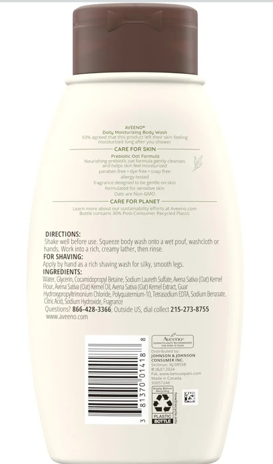 2 Aveeno Daily Moisturizing 18 fl. oz. Body Washes w Prebiotic Oat Light Scent