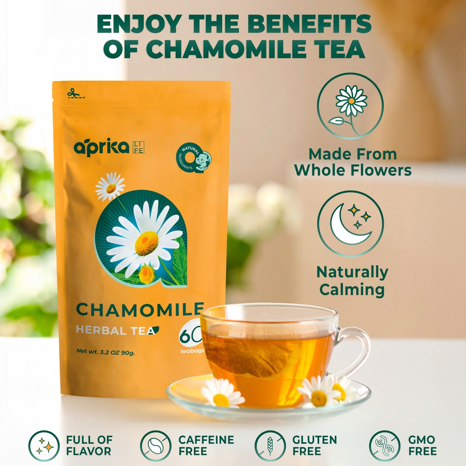 Pure Chamomile Tea Bags, 60 count per pack, Caffeine-free, Organic Tea, Non-gmo