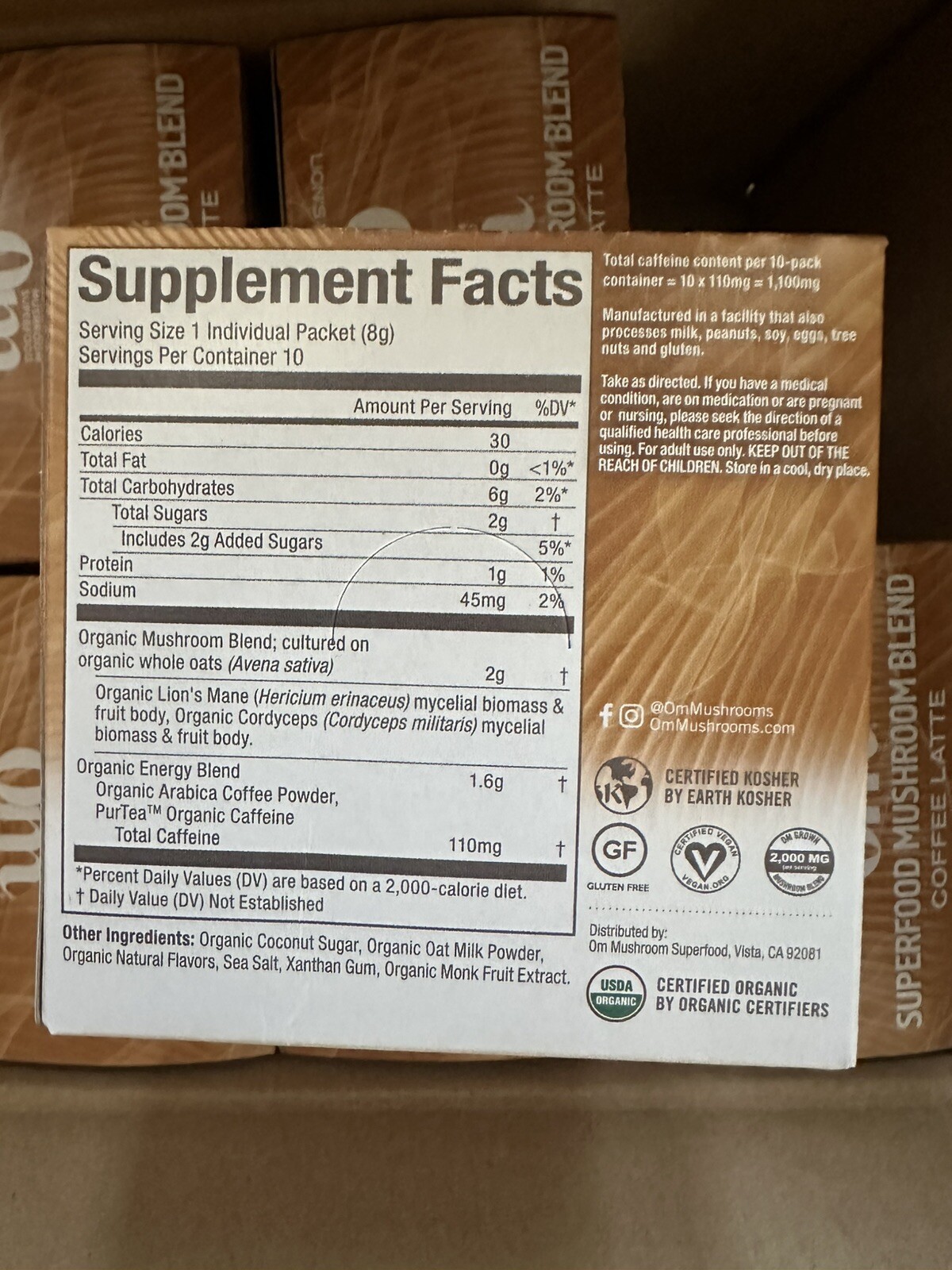 OM Superfood Mushroom Blend Coffee Latte Energy Focus Immune Health 10 Packets