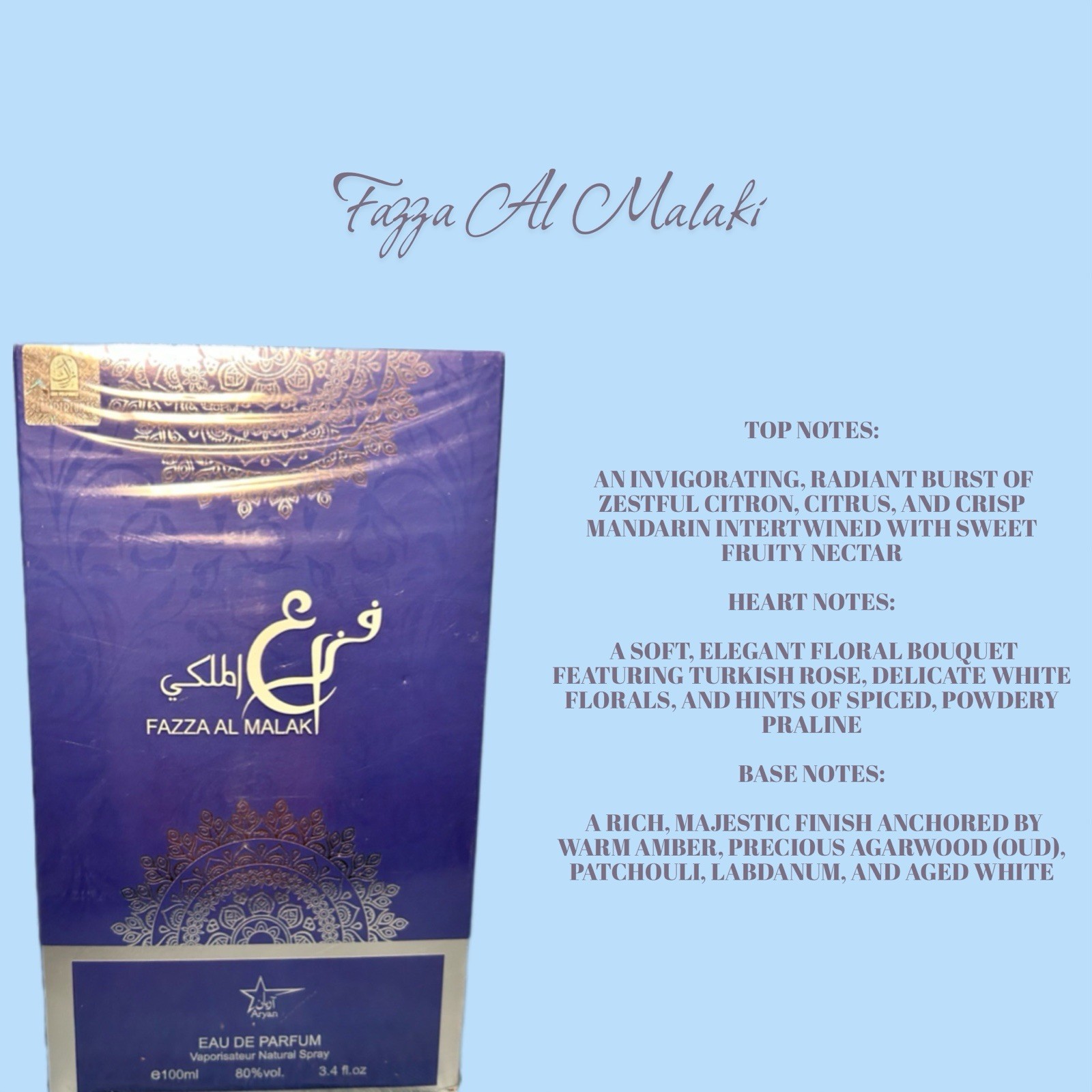 Aryan Fazza Al Malaki Eau de Parfum Spray 3.4 fl oz Citrus Mandarin Rose Amber