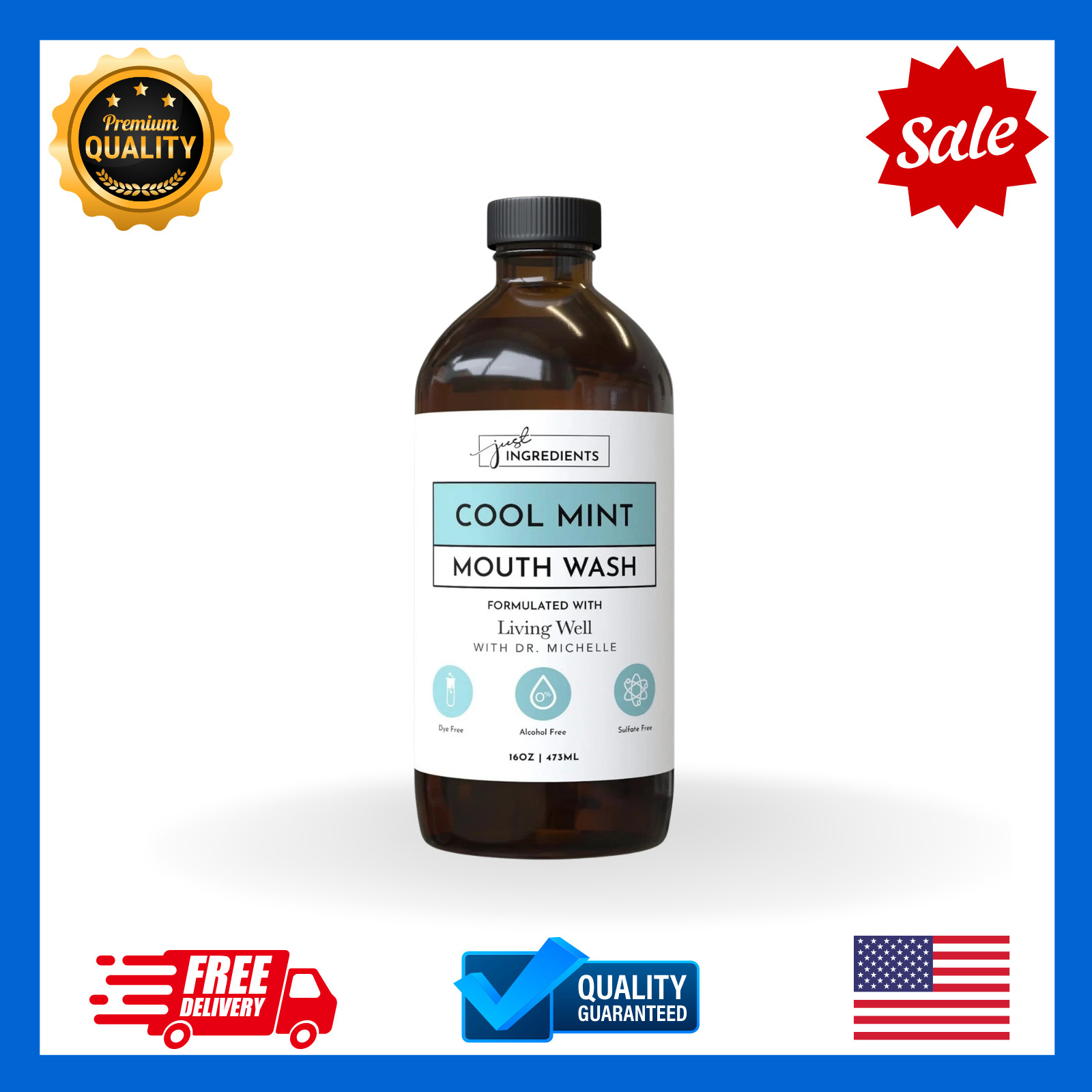 JUST Ingredients Cool Mint Mouthwash Hydroxyapatite Fluoride-Free 1PK