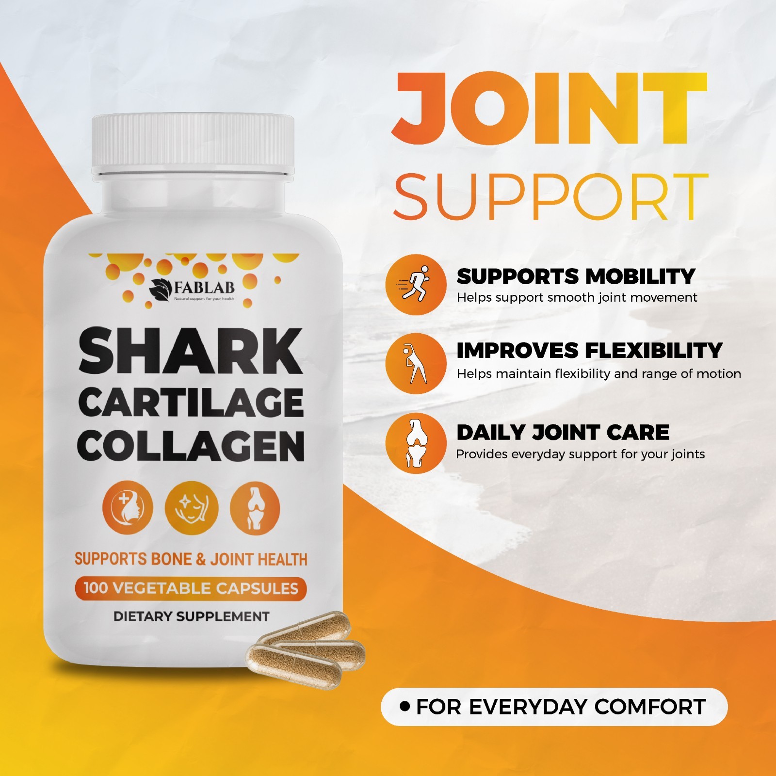 FabLab Shark Cartilage 2 Pack – 200 Capsules – Joint & Bone Support Supple