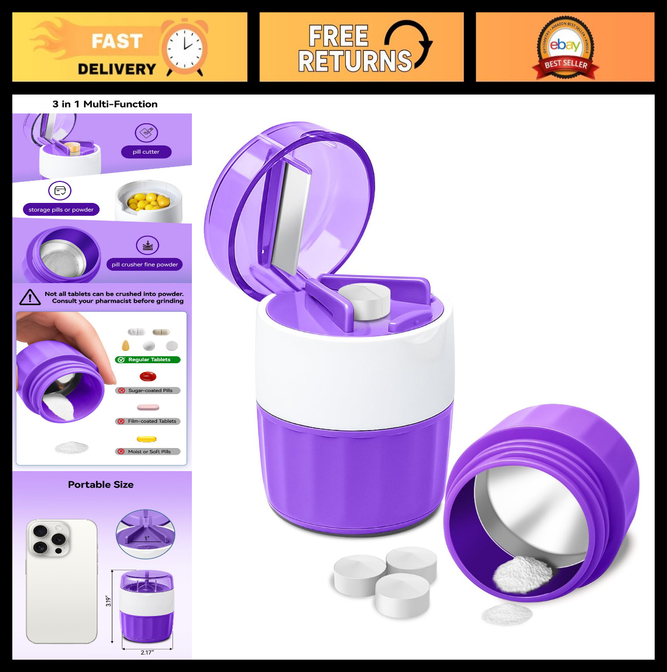 3-in-1 Pill Crusher & Cutter – Fine Powder Grinder with Storage for Tablets, Pur