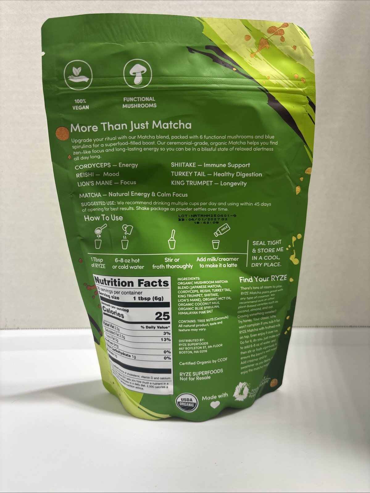 RYZE SUPERFOODS Mushroom Matcha, USDA Organic , 30 Servings EXP: 04/01/2027